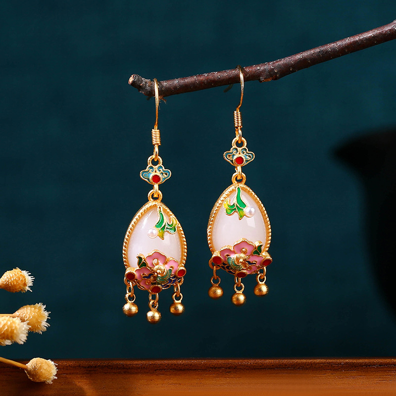 Women Accessories Earrings - 천연 옥 꽃 귀걸이 참 장식품