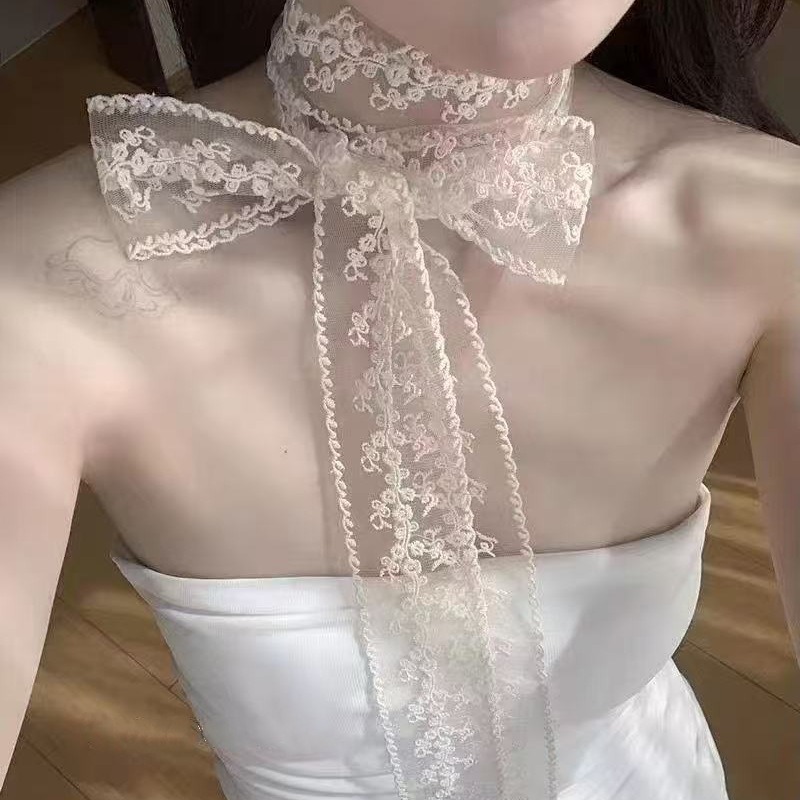 Women'S Accessories For Neck - 레이스 리본 스카프 흰색 얇은 긴