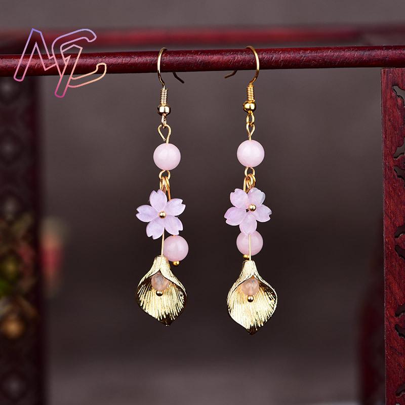 핑크 천연 옥 꽃 귀걸이 여성을위한 빈티지 선물 부적  - Women Accessories Earrings 리뷰 및 가격