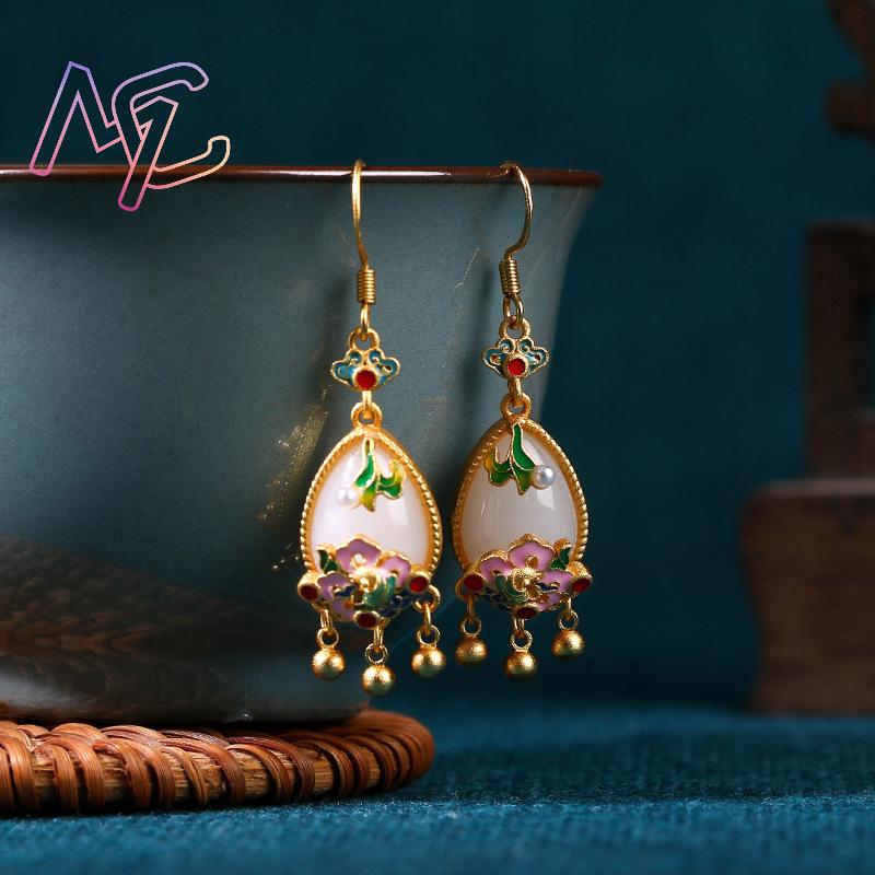 천연 옥 꽃 귀걸이 참 장식품 디자이너 진짜 보석 빈티 - Women Accessories Earrings 리뷰 및 가격
