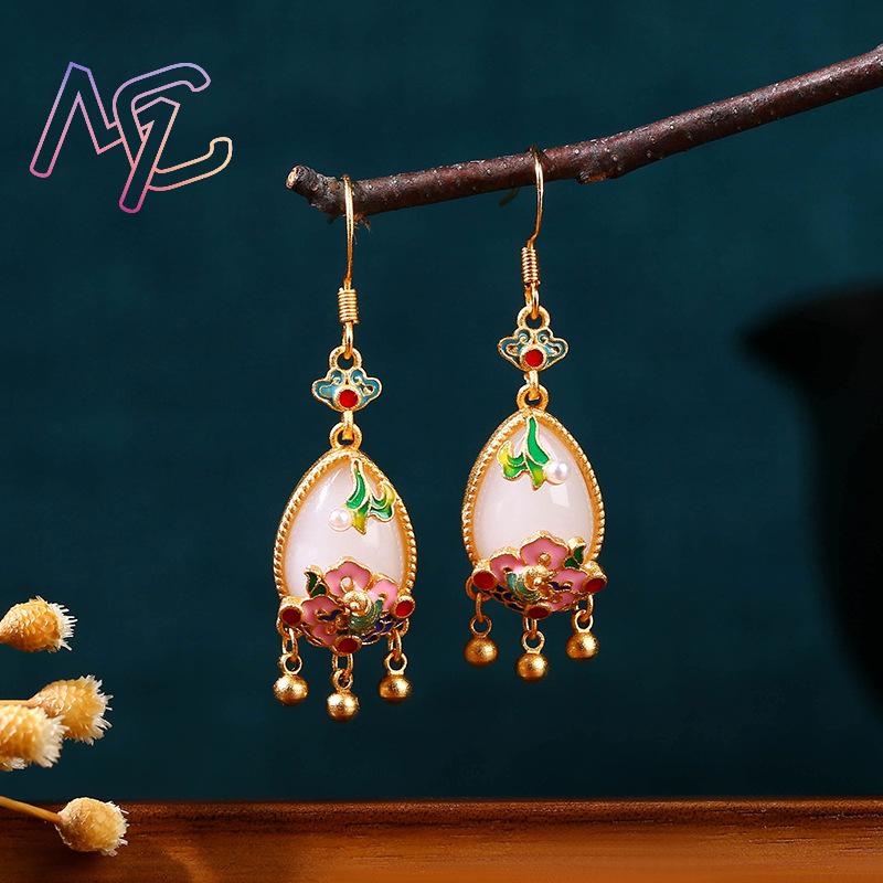천연 옥 꽃 귀걸이 참 장식품 디자이너 진짜 보석 빈티 - Women Accessories Earrings 리뷰 및 가격