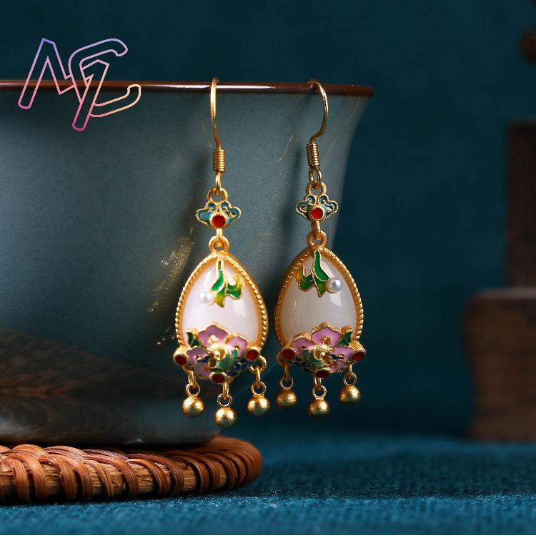 천연 옥 꽃 귀걸이 참 장식품 디자이너 진짜 보석 빈티 - Women Accessories Earrings 리뷰 및 가격